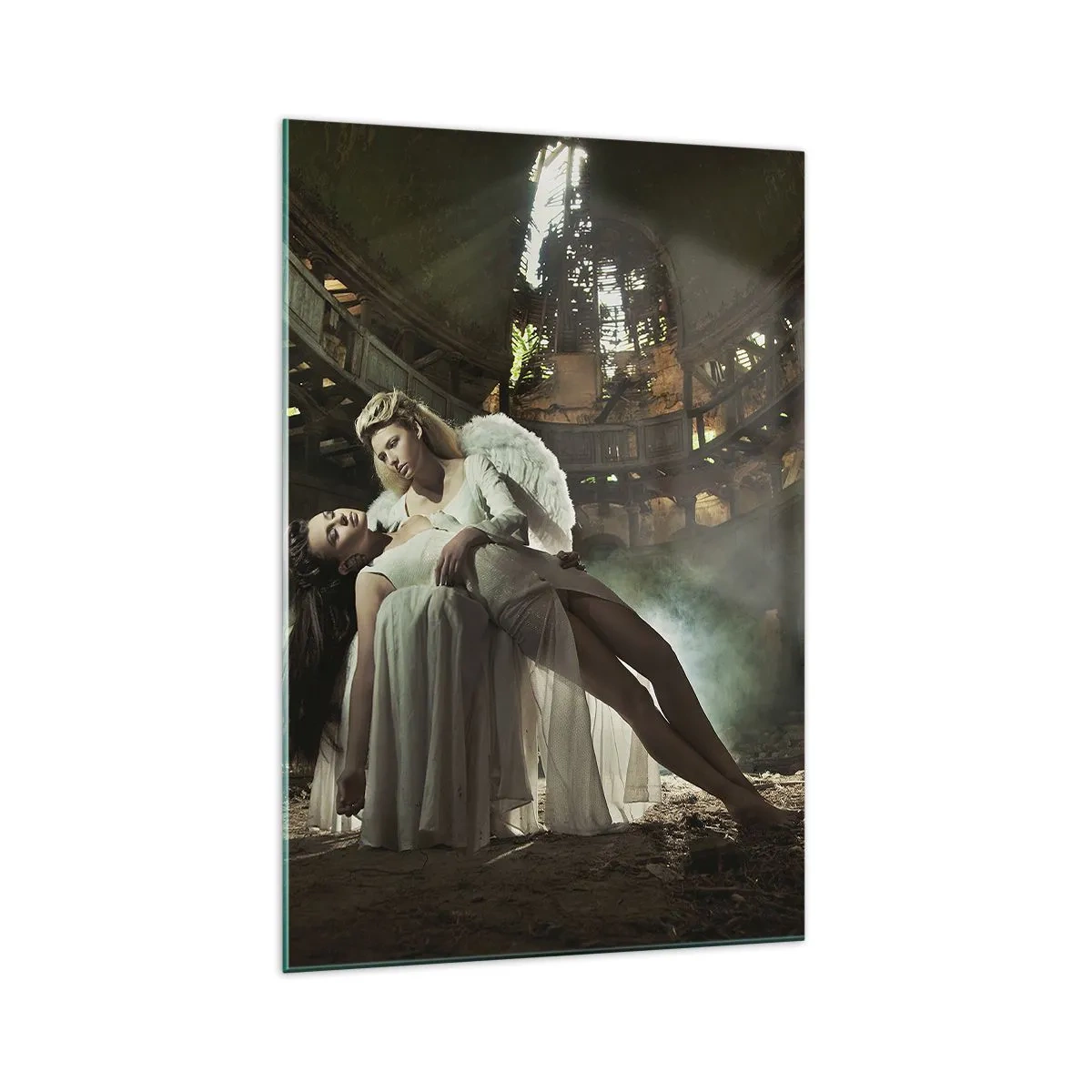 Impression sur verre - Image sur verre - Deux personnages en ruines avec un jeu de lumière - 70x100cm - L'esprit du théâtre ancien - Décoration murale moderne pour le salon et la chambre ARTTOR