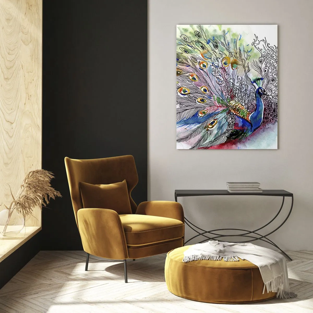 Impression sur verre - Image sur verre - Un paon dans un style aquarelle coloré avec des plumes abstraites - 70x100cm - Avec fierté contre la grisaille - Décoration murale moderne pour le salon et la chambre ARTTOR