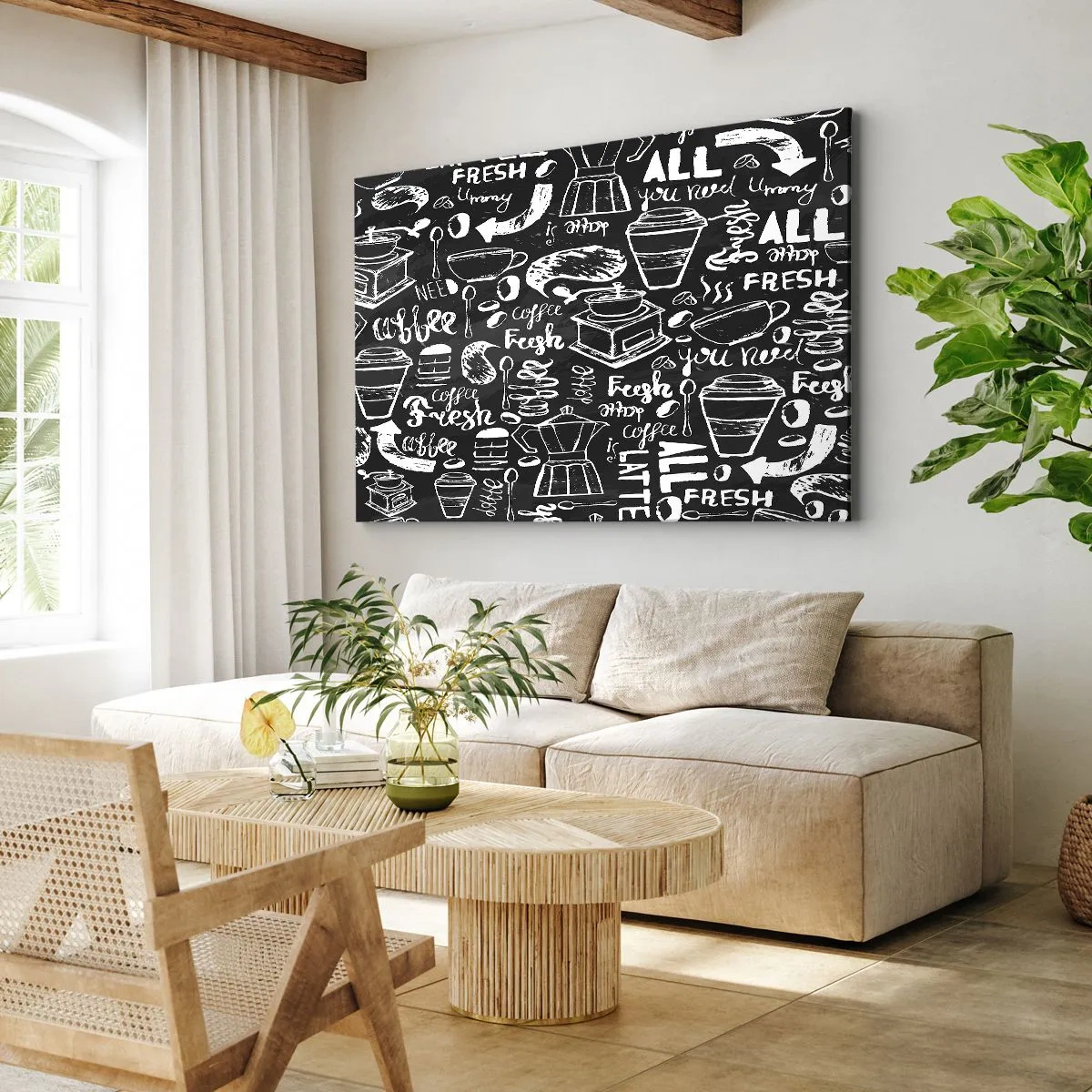 Impression sur toile - Image sur toile - Graphiques de café élégants sur fond noir - 100x70cm - Tout ce dont tu as besoin c'est… - Décoration murale moderne pour le salon et la chambre ARTTOR