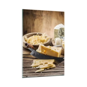 Impression sur verre - Image sur verre - Un plateau de fromages avec différents types sur une table en bois - 80x120cm - Sourire au fromage - Décoration murale moderne pour le salon et la chambre ARTTOR