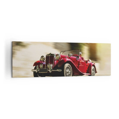 Impression sur toile - Image sur toile - Voiture classique rouge en mouvement dans une rue ensoleillée - 160x50cm - Plus belle que Nike de Samothrace - Décoration murale moderne pour le salon et la chambre ARTTOR