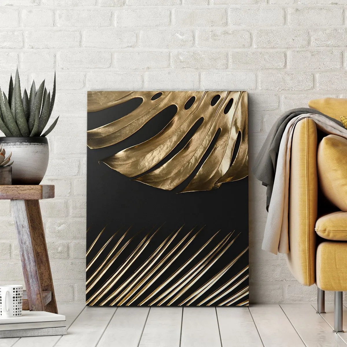 Impression sur toile - Image sur toile - Feuilles dorées sur fond noir - 50x70cm - Différent et tout aussi cher - Décoration murale moderne pour le salon et la chambre ARTTOR