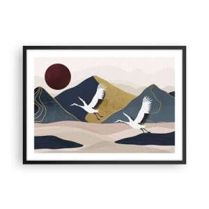 Affiche dans un cadre noir - Poster - Grues en vol sur fond de montagnes et de soleil rouge - 70x50cm - Encore une fois, la journée s'est ÉCOULÉE - Décoration murale moderne pour le salon et la chambre ARTTOR