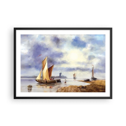 Affiche dans un cadre noir - Poster - Voiliers sur une eau calme avec des moulins à vent en arrière-plan - 70x50cm - Retour de marin - Décoration murale moderne pour le salon et la chambre ARTTOR