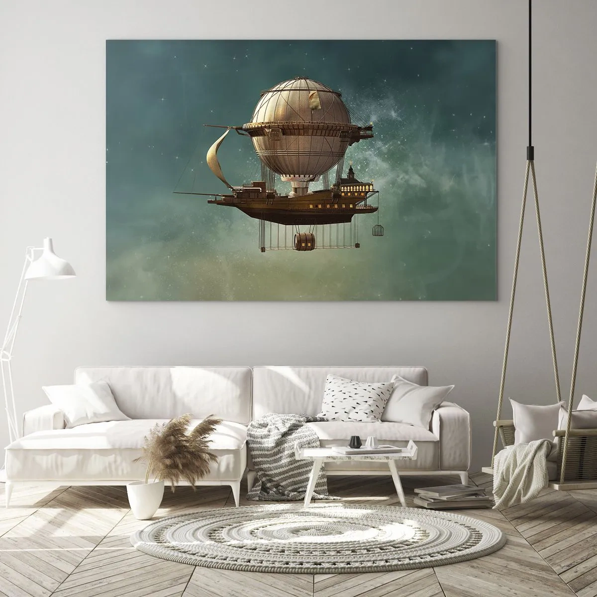 Impression sur verre - Image sur verre - Un dirigeable volant avec une maison de style rétro dans le ciel - 120x80cm - Jules Verne vous salue - Décoration murale moderne pour le salon et la chambre ARTTOR