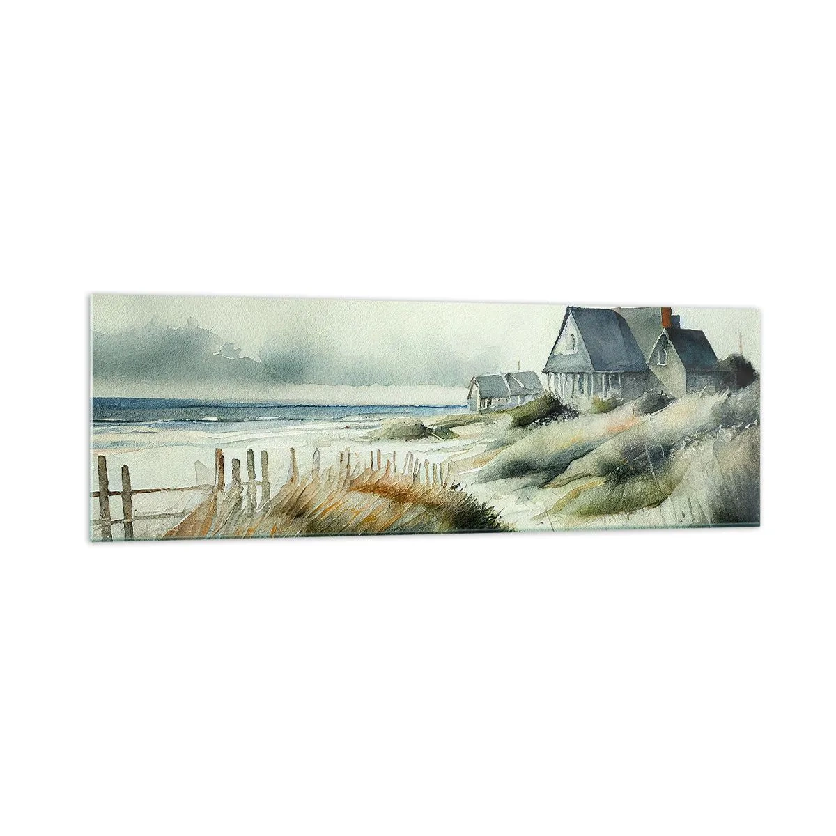 Impression sur verre - Image sur verre - Une maison de bord de mer entourée d'herbe et surplombant la mer - 160x50cm - Loin de l'agitation - Décoration murale moderne pour le salon et la chambre ARTTOR