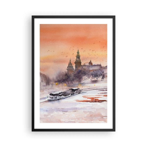 Affiche dans un cadre noir - Poster - Paysage urbain à l'aquarelle au coucher du soleil - 50x70cm - Coucher de soleil royal - Décoration murale moderne pour le salon et la chambre ARTTOR