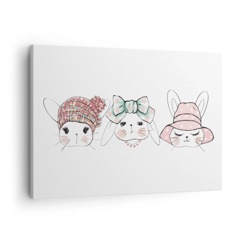 Impression sur toile - Image sur toile - Adorables lapins portant des coiffes pastel - 70x50cm - Pensif, triste, satisfait - Décoration murale moderne pour le salon et la chambre ARTTOR