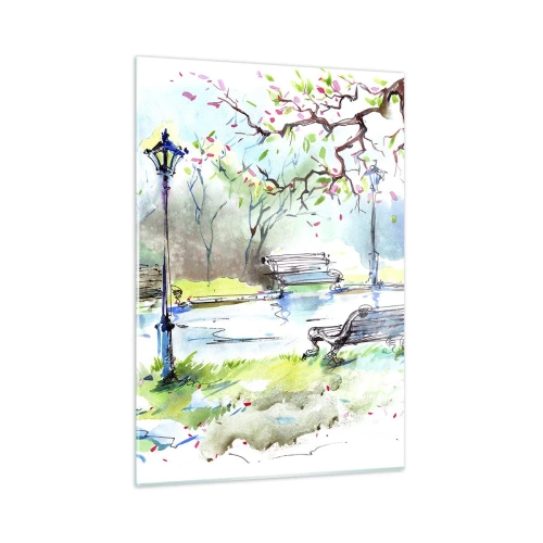 Impression sur verre - Image sur verre - Aquarelle représentant une scène de parc avec des bancs et des lanternes - 50x70cm - Le charme du silence d'un parc - Décoration murale moderne pour le salon et la chambre ARTTOR