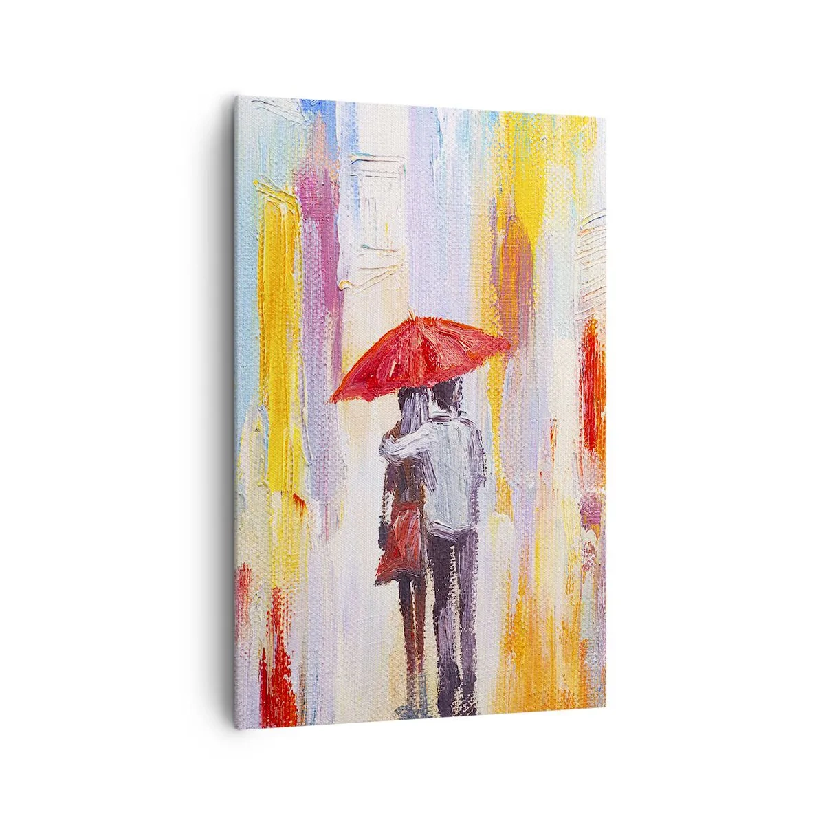 Impression sur toile - Image sur toile - Un couple sous un parapluie rouge avec des bâtiments colorés en arrière-plan. - 80x120cm - Qu'il pleuve encore - Décoration murale moderne pour le salon et la chambre ARTTOR