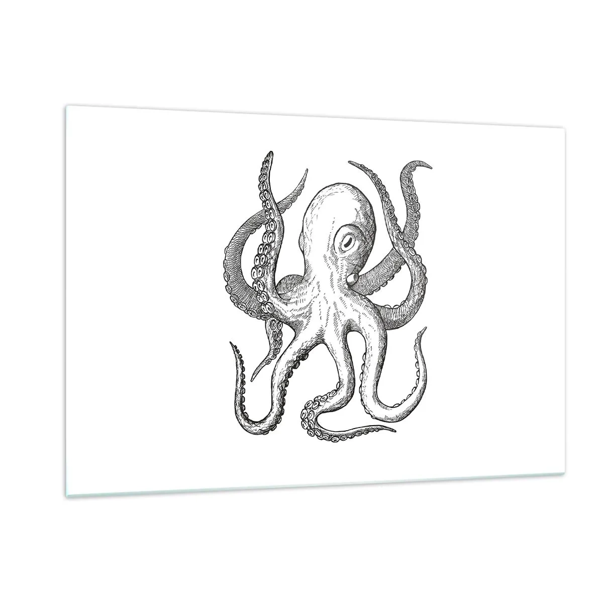 Impression sur verre - Image sur verre - Dessin noir et blanc d'une pieuvre sur fond blanc - 120x80cm - Dansant avec les vagues - Décoration murale moderne pour le salon et la chambre ARTTOR