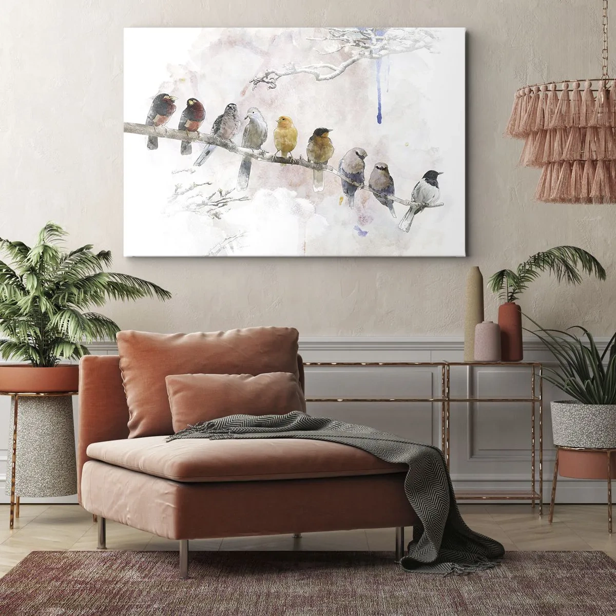 Impression sur toile - Image sur toile - Oiseaux colorés sur une branche dans un style aquarelle - 100x70cm - Rencontre ailée - Décoration murale moderne pour le salon et la chambre ARTTOR