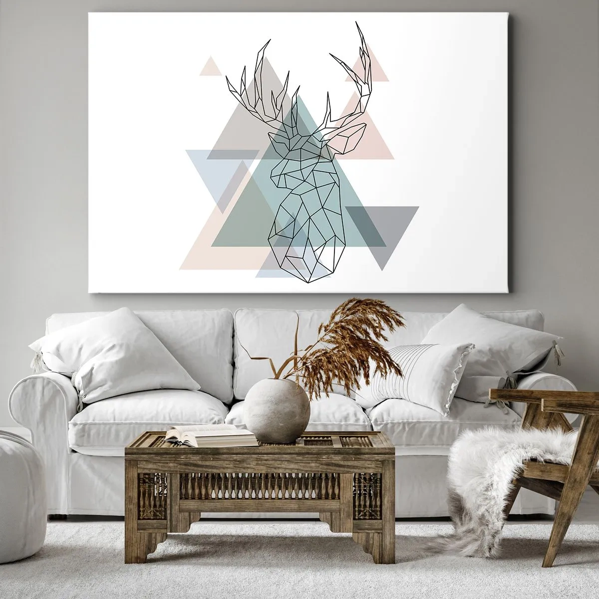 Impression sur toile - Image sur toile - Cerf géométrique sur fond de triangles pastel - 100x70cm - Dans une forêt géométrique - Décoration murale moderne pour le salon et la chambre ARTTOR