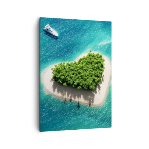 Impression sur toile - Image sur toile - Une île romantique en forme de cœur dans une mer turquoise - 50x70cm - J'aime l'été - Décoration murale moderne pour le salon et la chambre ARTTOR