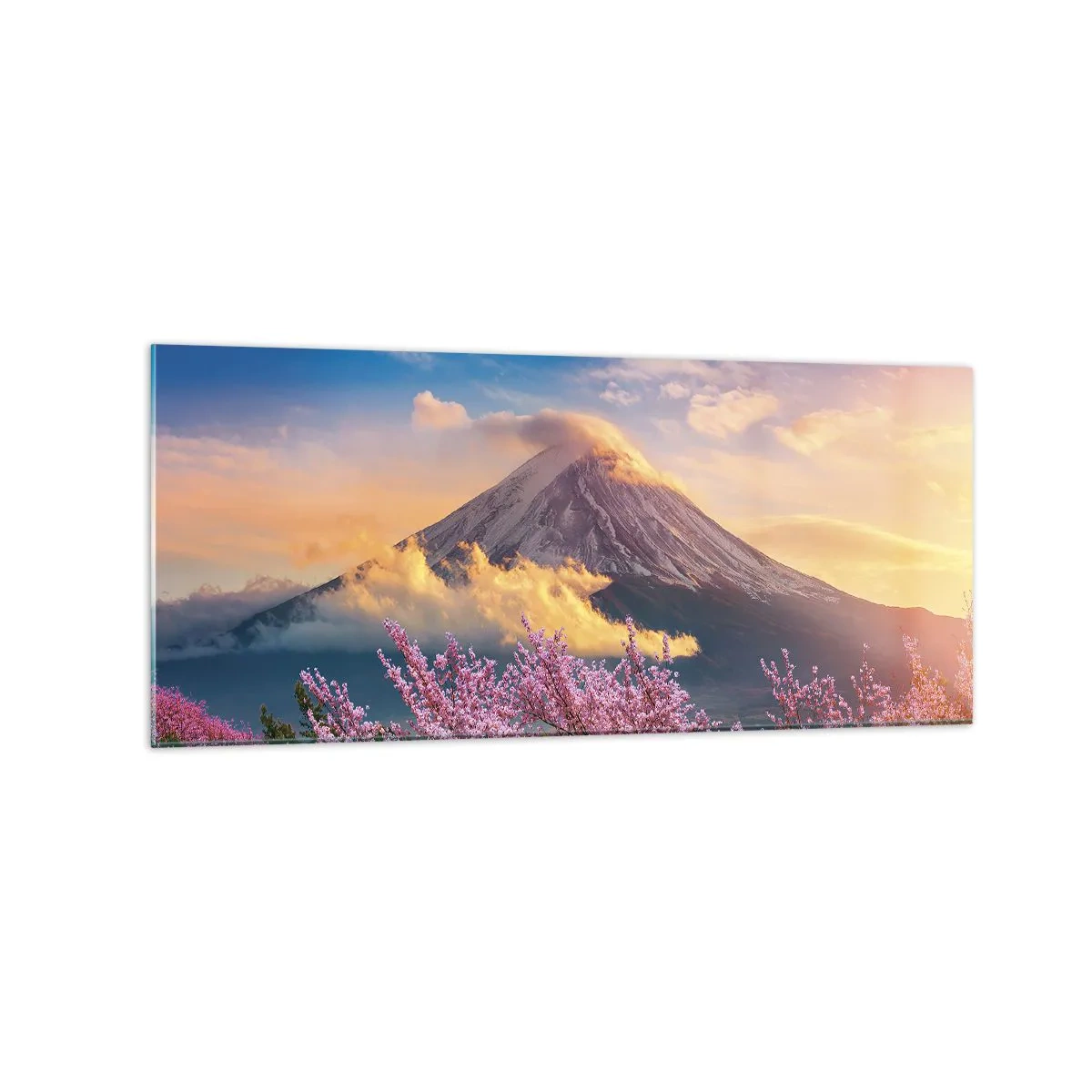 Impression sur verre - Image sur verre - Mont Fuji avec des cerisiers en fleurs en arrière-plan au coucher du soleil - 120x50cm - Sainteté japonaise - Décoration murale moderne pour le salon et la chambre ARTTOR