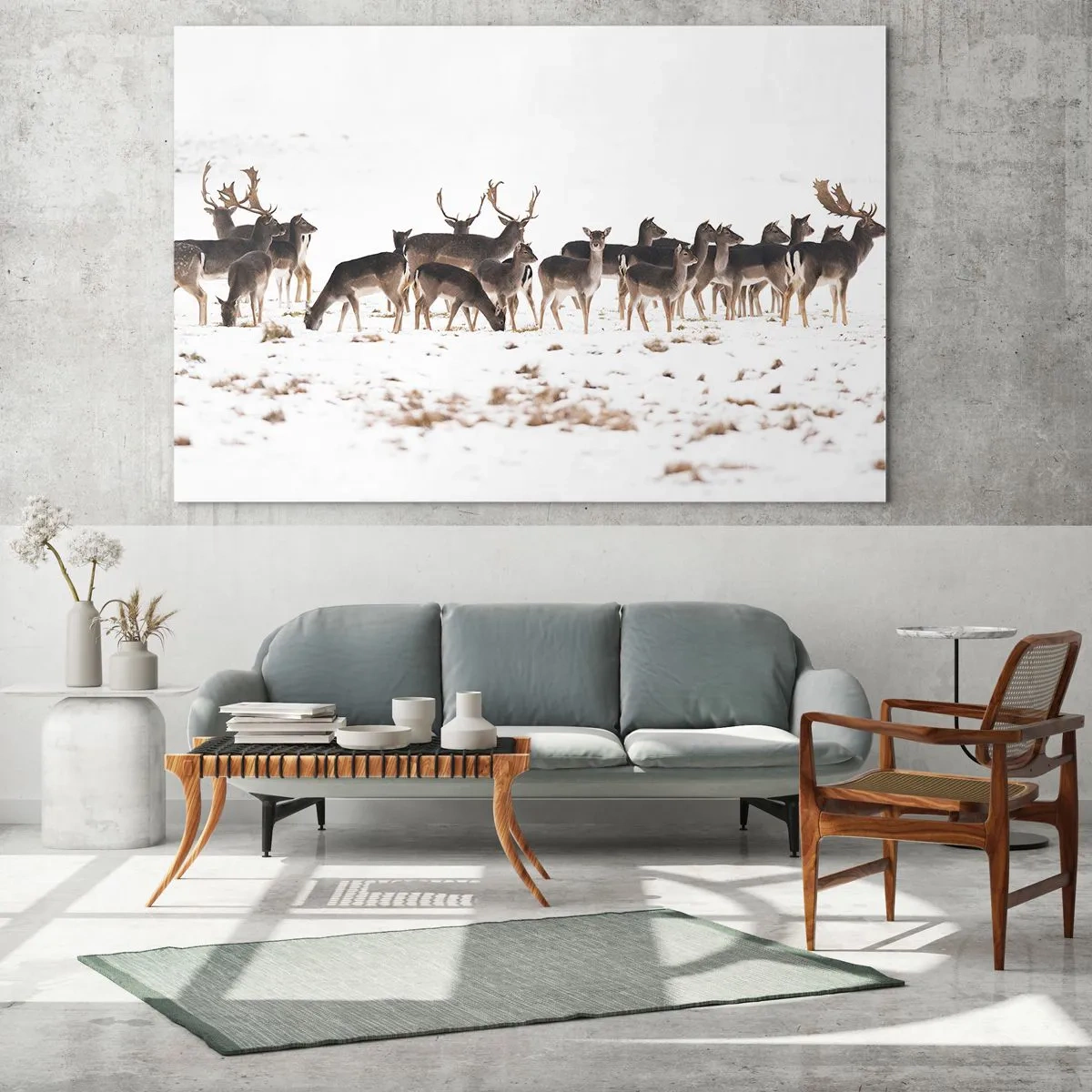 Impression sur verre - Image sur verre - Une photographie d'un troupeau de cerfs dans un paysage enneigé - 120x80cm - Les fêtes approchent ? - Décoration murale moderne pour le salon et la chambre ARTTOR