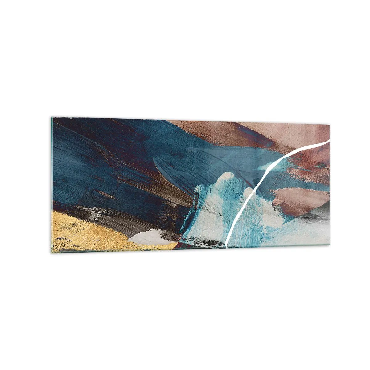 Impression sur verre - Image sur verre - Coups de pinceau abstraits dans des tons de bleu et d'or - 120x50cm - Avec panache et énergie - Décoration murale moderne pour le salon et la chambre ARTTOR