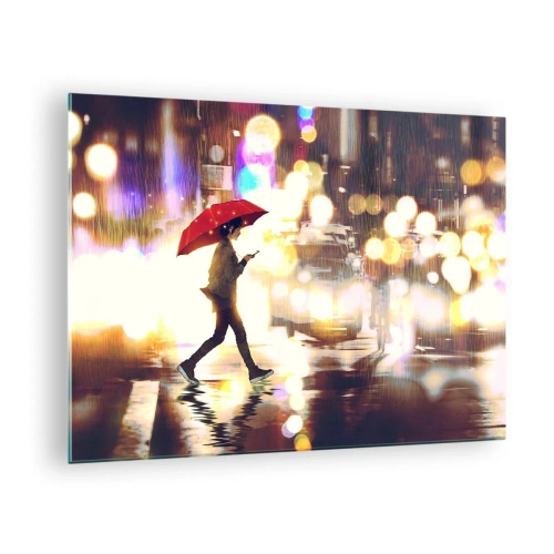Impression sur verre - Image sur verre - Une silhouette avec un parapluie rouge dans une rue pluvieuse la nuit - 70x50cm - Et pourtant ensoleillé - Décoration murale moderne pour le salon et la chambre ARTTOR