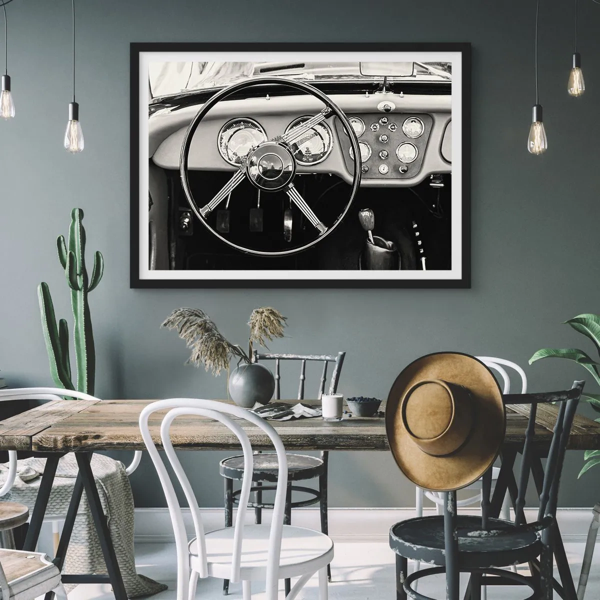 Affiche dans un cadre noir - Poster - Intérieur de voiture classique noir et blanc - 70x50cm - Rêve de collectionneur - Décoration murale moderne pour le salon et la chambre ARTTOR