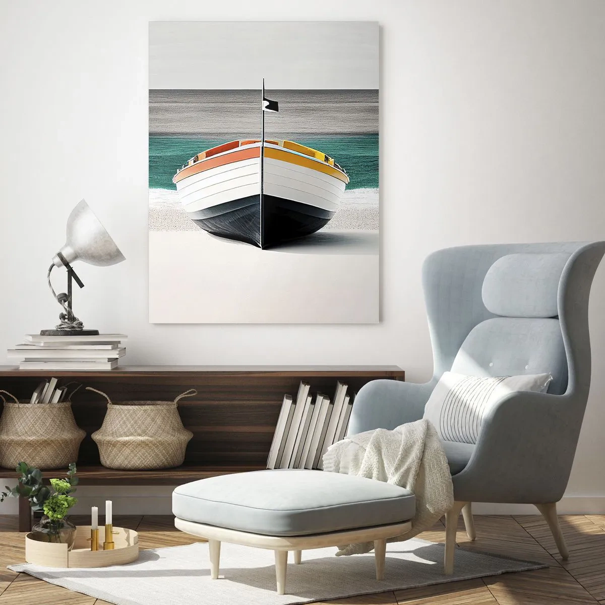 Impression sur verre - Image sur verre - Un bateau sur la plage avec une mer turquoise en arrière-plan - 80x120cm - A sa place - Décoration murale moderne pour le salon et la chambre ARTTOR