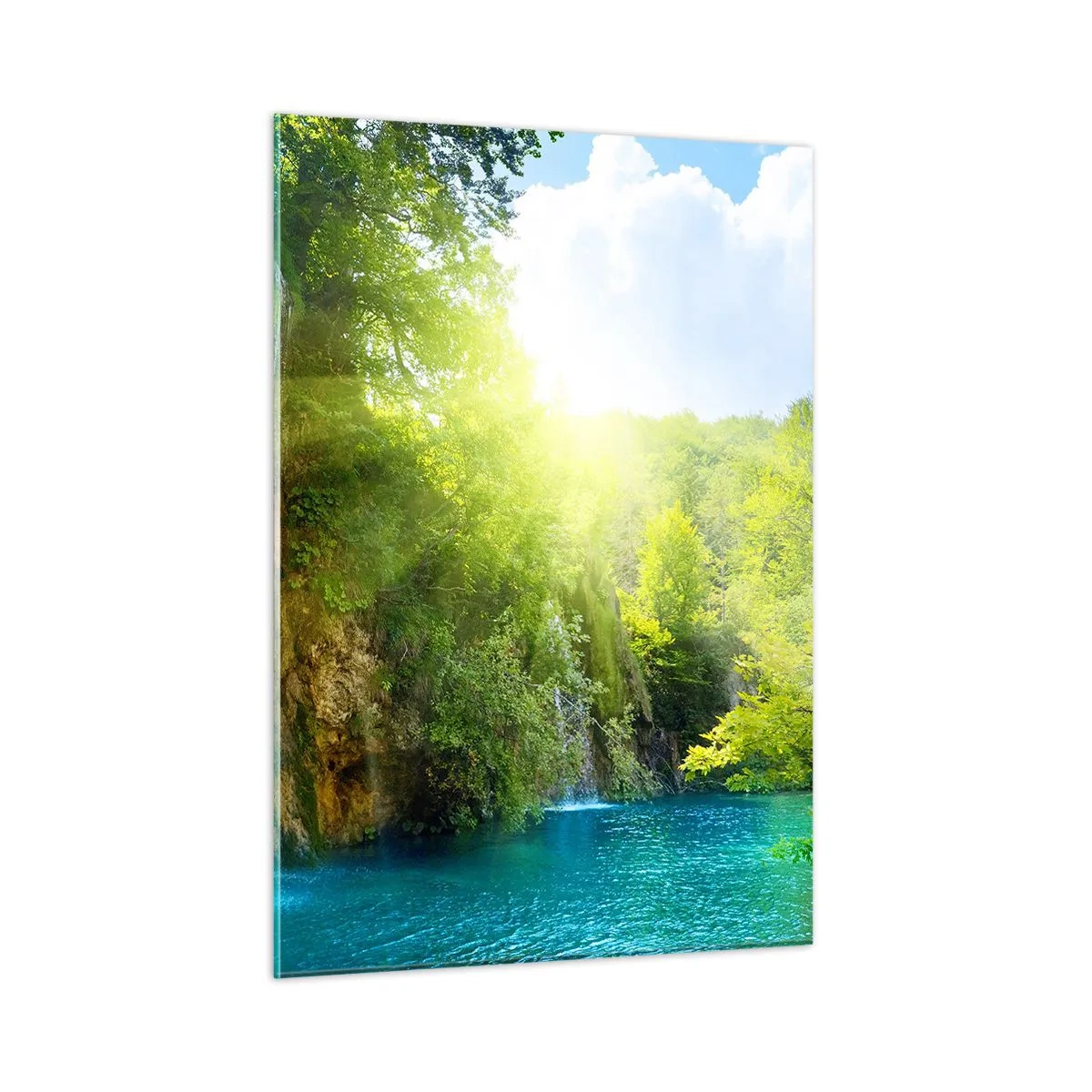 Impression sur verre - Image sur verre - Une cascade se jetant dans un lac bleu entouré de verdure - 50x70cm - Ce doit être le paradis ici - Décoration murale moderne pour le salon et la chambre ARTTOR