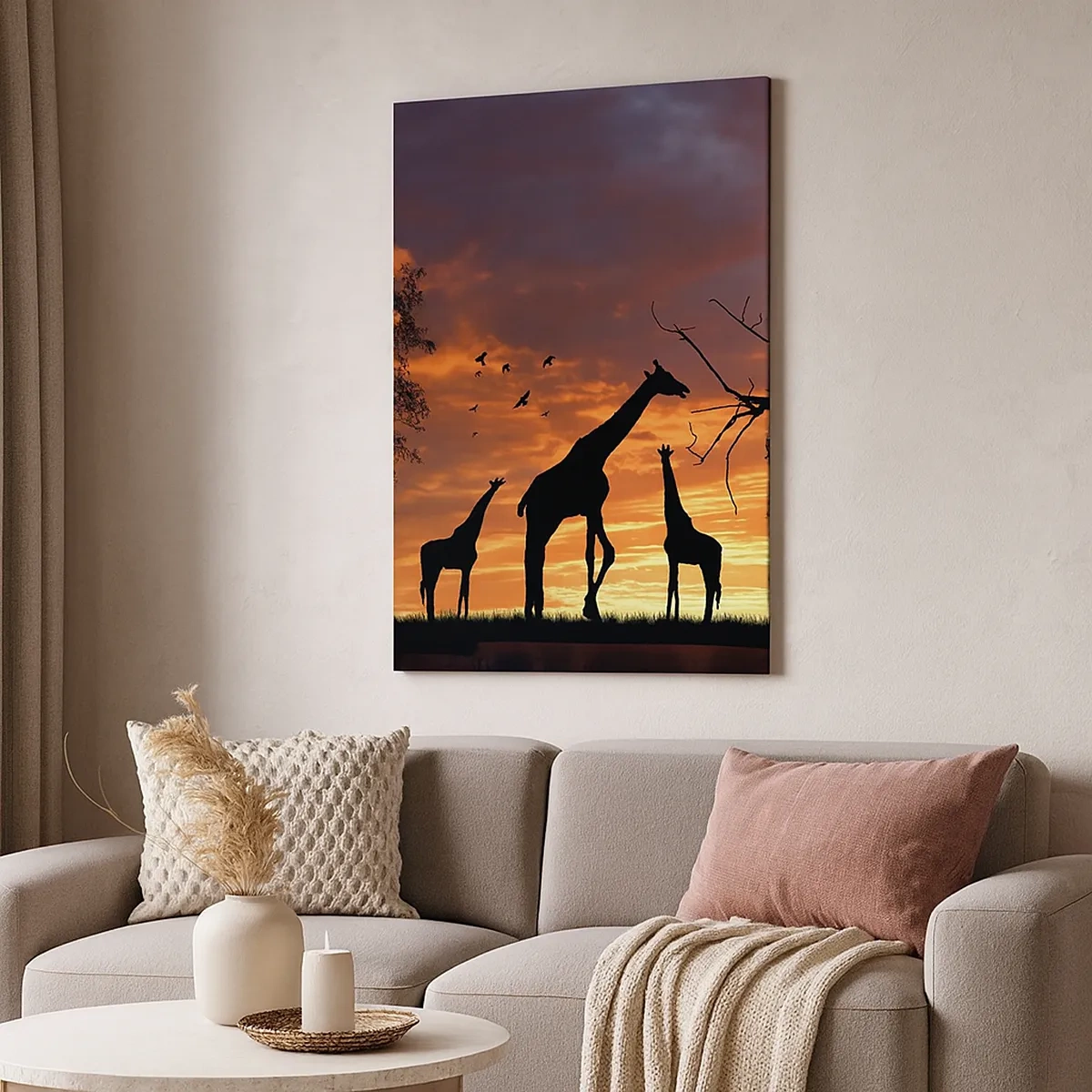 Impression sur toile - Image sur toile - Silhouettes de girafes sur fond de coucher de soleil africain - 50x70cm - Un petit dîner avec vos proches - Décoration murale moderne pour le salon et la chambre ARTTOR