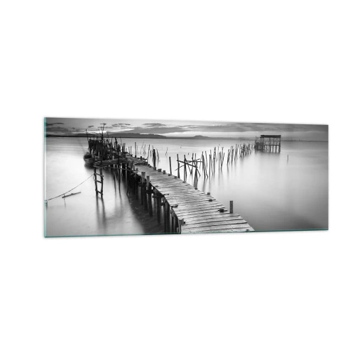 Impression sur verre - Image sur verre - Une jetée en bois sur un lac calme dans des tons de gris - 140x50cm - La paix d'un rivage oublié - Décoration murale moderne pour le salon et la chambre ARTTOR