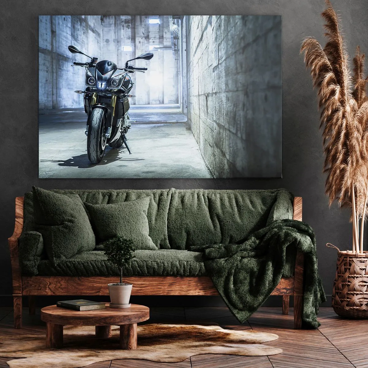 Impression sur toile - Image sur toile - Une moto moderne dans un intérieur industriel - 100x70cm - Avant que le moteur ne rugisse - Décoration murale moderne pour le salon et la chambre ARTTOR