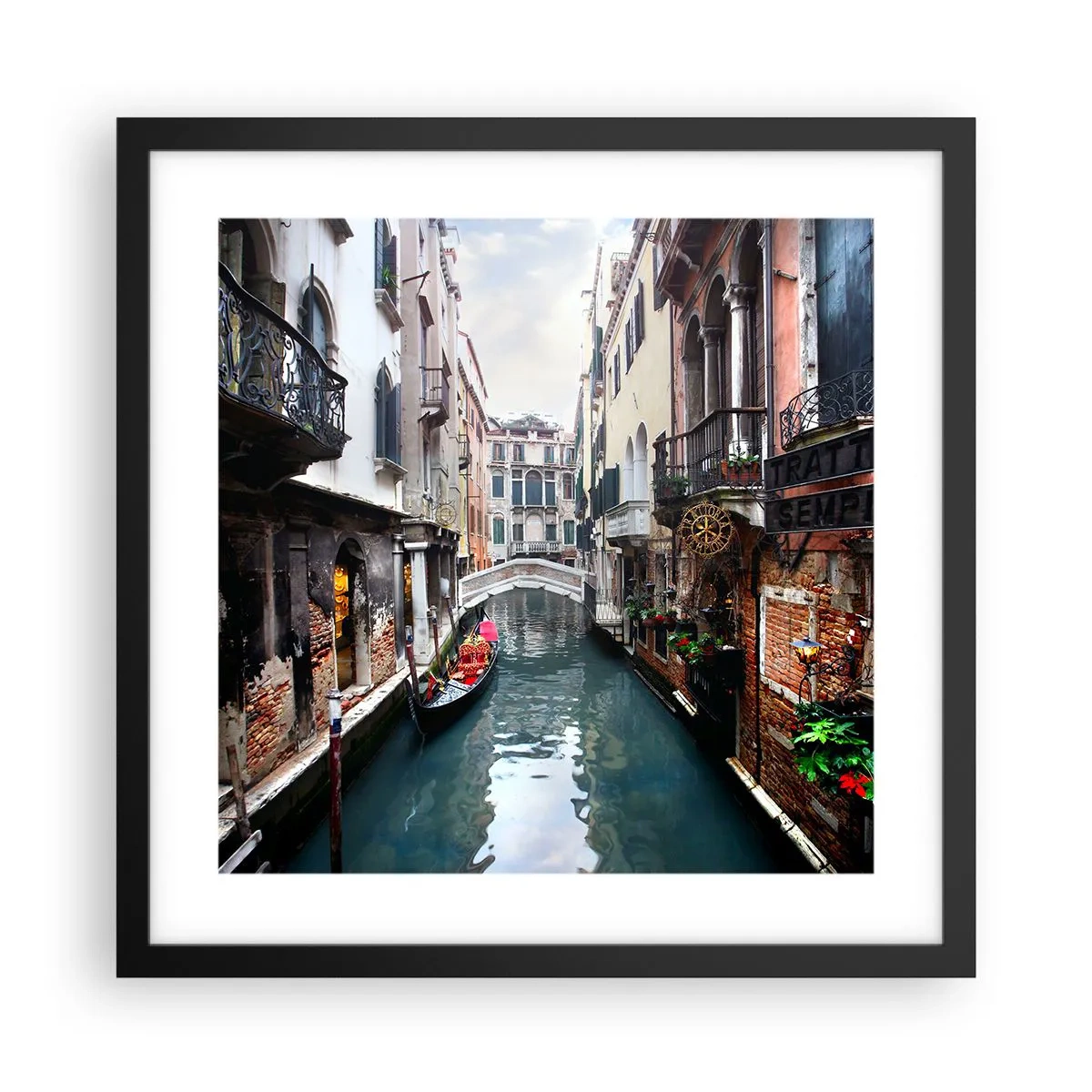 Affiche dans un cadre noir - Poster - Paysage vénitien avec une gondole et un pont - 40x40 cm
