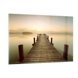 Impression sur verre - Image sur verre - Une jetée en bois sur un lac calme à l'aube - 120x80cm - L'aube, les premières lueurs, le jour  - Décoration murale moderne pour le salon et la chambre ARTTOR