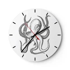 Horloge murale - Pendule murale - Illustration de pieuvre de style vintage sur fond blanc - 30x30cm - Dansant avec les vagues - Décoration murale moderne pour le salon, la cuisine et la chambre ARTTOR