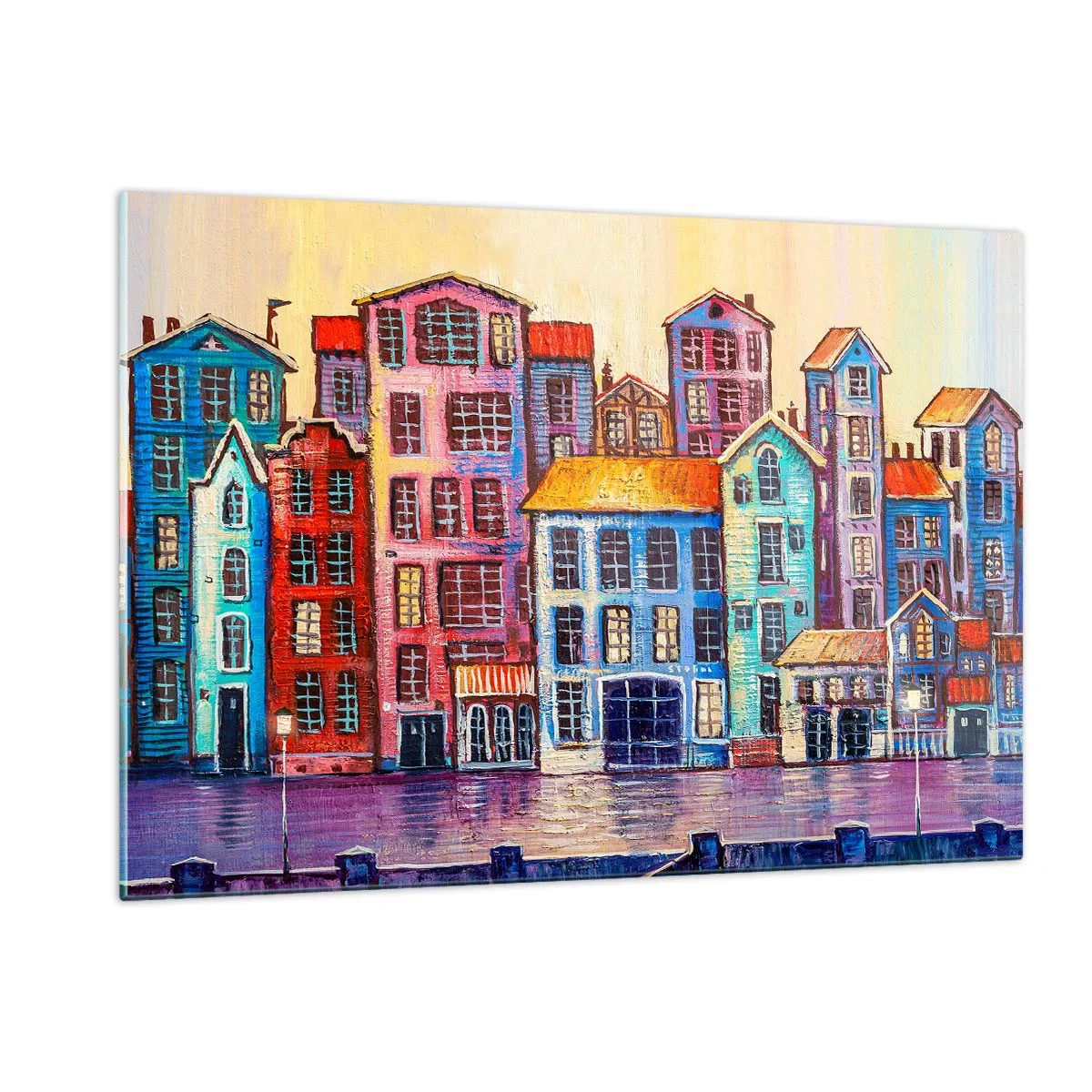 Impression sur verre - Image sur verre - Des immeubles colorés se reflètent dans l'eau - 120x80cm - Une ville comme dans un conte de fées - Décoration murale moderne pour le salon et la chambre ARTTOR