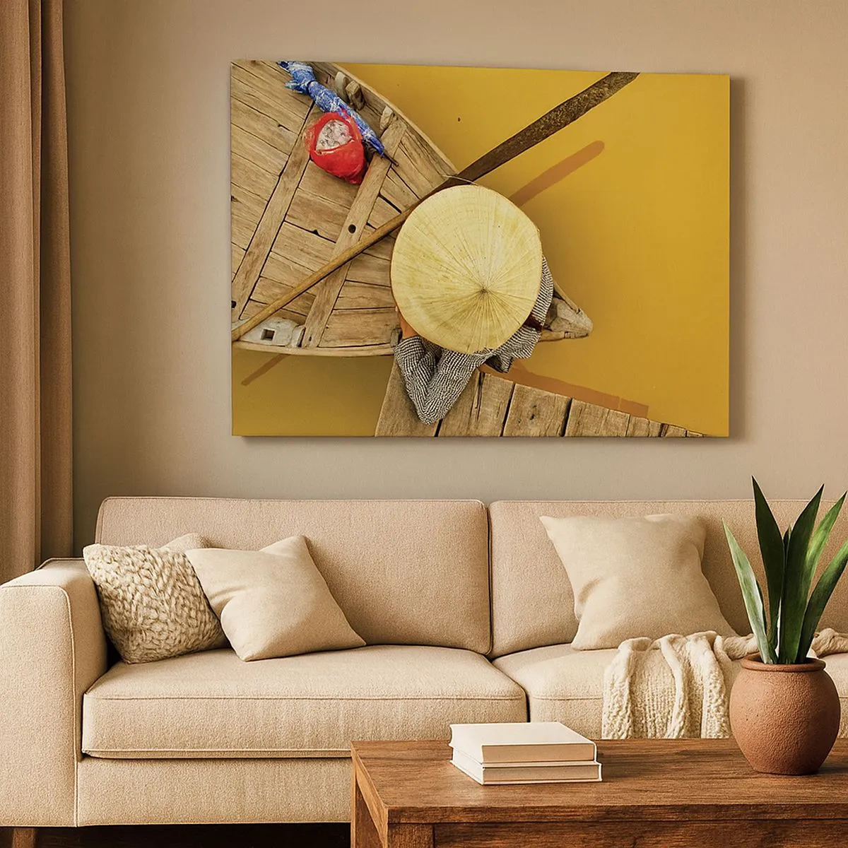 Impression sur toile - Image sur toile - Un bateau traditionnel vu à vol d'oiseau - 70x50cm - La vie sur le fleuve Jaune - Décoration murale moderne pour le salon et la chambre ARTTOR