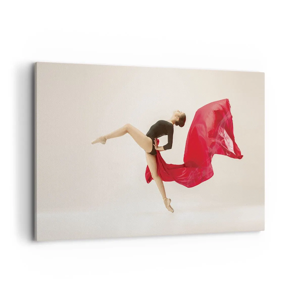 Impression sur toile - Image sur toile - Une danseuse dynamique en tenue noire et tissu rouge en mouvement. - 120x80cm - Rouge et noir - Décoration murale moderne pour le salon et la chambre ARTTOR