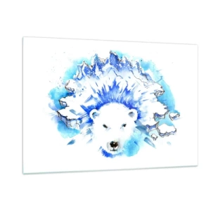 Impression sur verre - Image sur verre - Un ours polaire sur fond de montagnes glacées aux nuances de bleu. - 120x80cm - Le roi de l'Arctique dans une couronne de glace - Décoration murale moderne pour le salon et la chambre ARTTOR