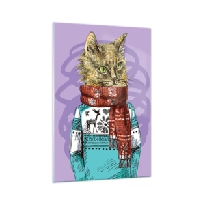 Impression sur verre - Image sur verre - Un chat en pull et écharpe sur fond violet - 70x100cm - Le chat, pas uniquement dans les chaussures - Décoration murale moderne pour le salon et la chambre ARTTOR