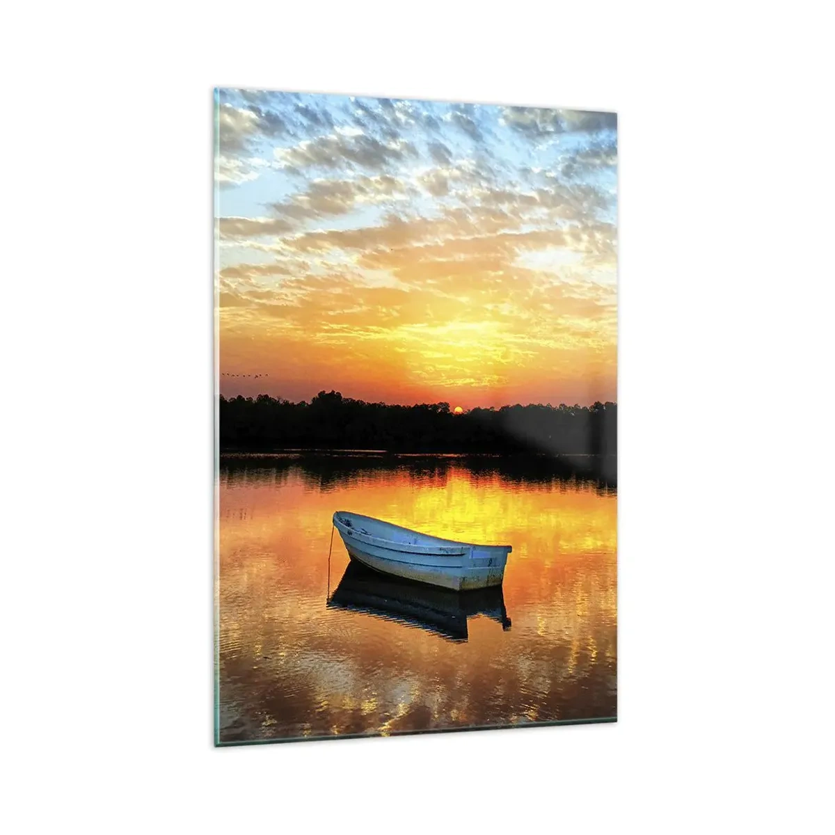 Impression sur verre - Image sur verre - Un bateau sur un lac calme au coucher du soleil - 80x120cm - Regardez, écoutez, méditez - Décoration murale moderne pour le salon et la chambre ARTTOR