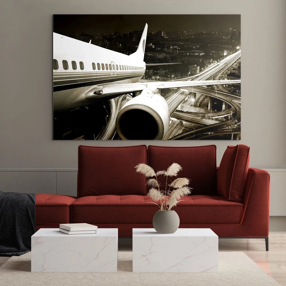 Impression sur verre - Image sur verre - Un avion au dessus de la ville la nuit avec une ambiance industrielle - 120x80cm - Vole dans la nuit - Décoration murale moderne pour le salon et la chambre ARTTOR