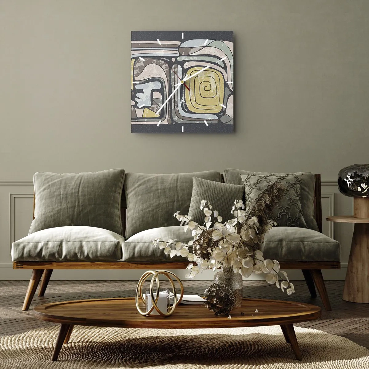 Horloge murale - Pendule murale - Motifs précolombiens aux couleurs pastel sur fond sombre - 30x30cm - L'abstraction dans l'esprit précolombien - Décoration murale moderne pour le salon et la chambre ARTTOR