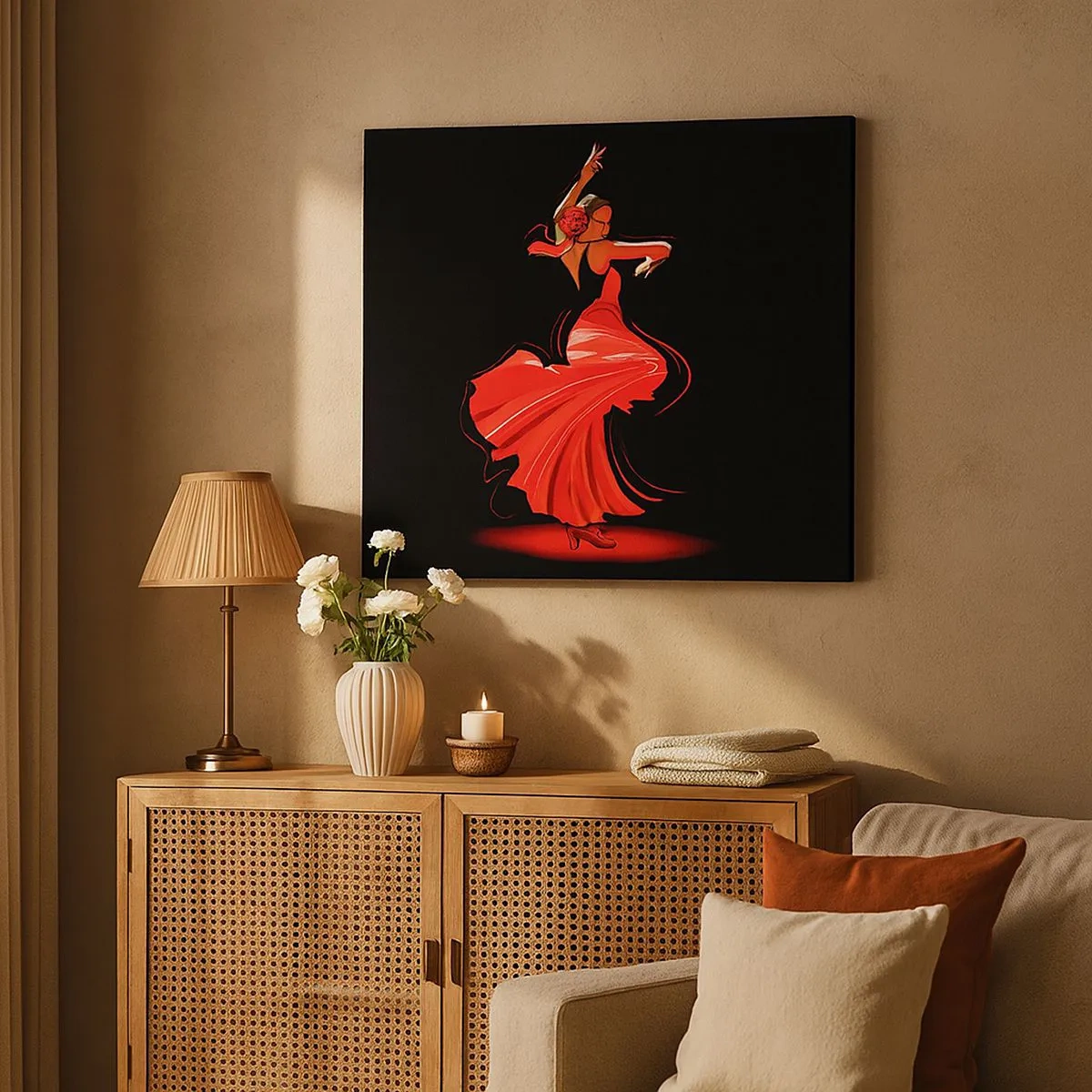 Impression sur toile - Image sur toile - Danseuse de flamenco en robe rouge sur fond noir - 70x50cm - L'esprit fougueux du flamenco - Décoration murale moderne pour le salon et la chambre ARTTOR