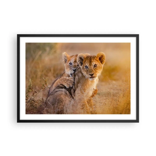 Affiche dans un cadre noir - Poster - Adorables lionceaux dans leur environnement naturel - 70x50cm - Ne pas déranger! On s'amuse - Décoration murale moderne pour le salon et la chambre ARTTOR