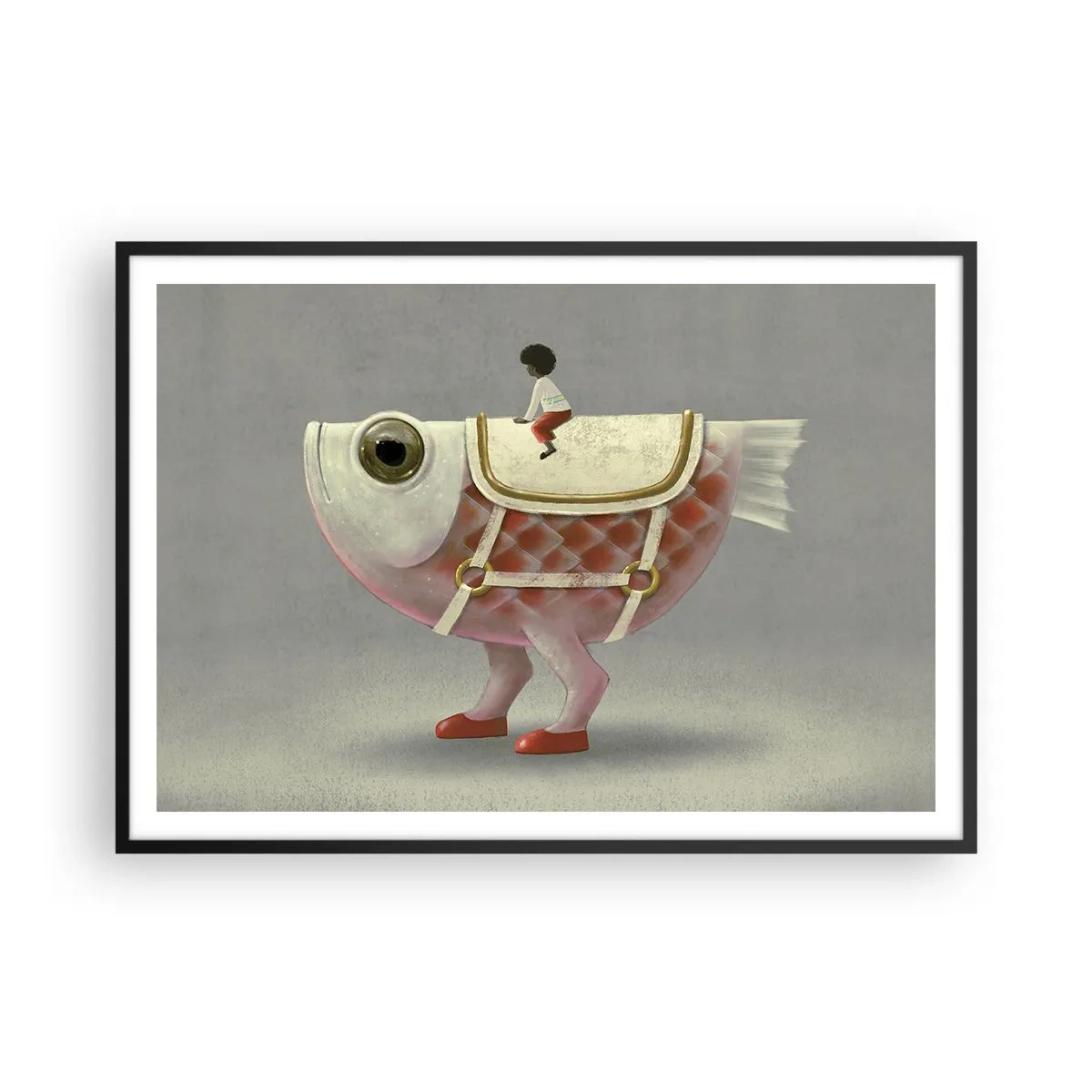 Affiche dans un cadre noir - Poster - Un cavalier de poisson fantaisie avec des jambes et une selle - 100x70cm - Le cavalier poisson - Décoration murale moderne pour le salon et la chambre ARTTOR