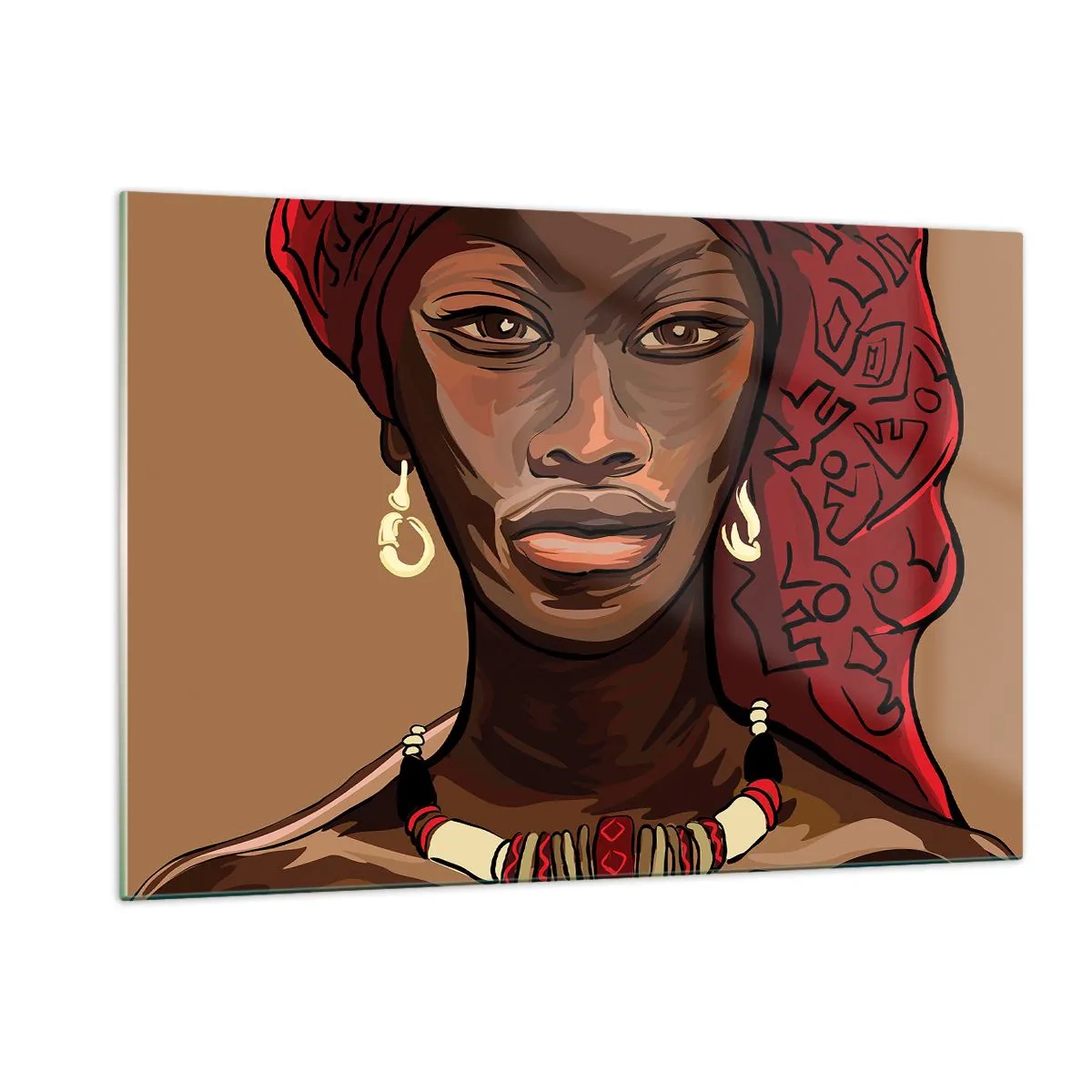 Impression sur verre - Image sur verre - Portrait stylisé d'une femme au turban rouge avec des bijoux. - 120x80cm - Vénus d'ébène - Décoration murale moderne pour le salon et la chambre ARTTOR