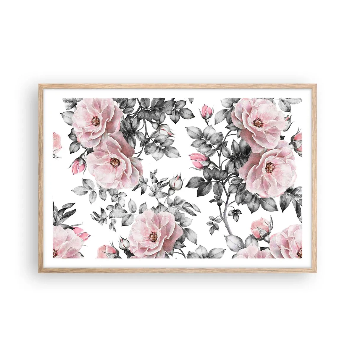 Affiche dans un chêne clair - Poster - Se perdre dans les fleurs des roses - 91x61 cm