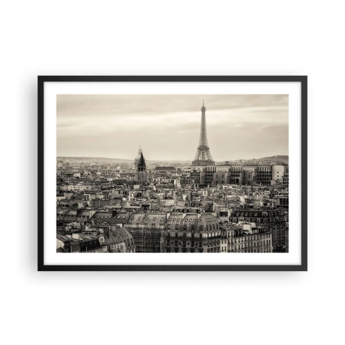 Affiche dans un cadre noir - Poster - Panorama de Paris avec la Tour Eiffel en tons sépia - 70x50cm - Sur les toits de Paris - Décoration murale moderne pour le salon et la chambre ARTTOR