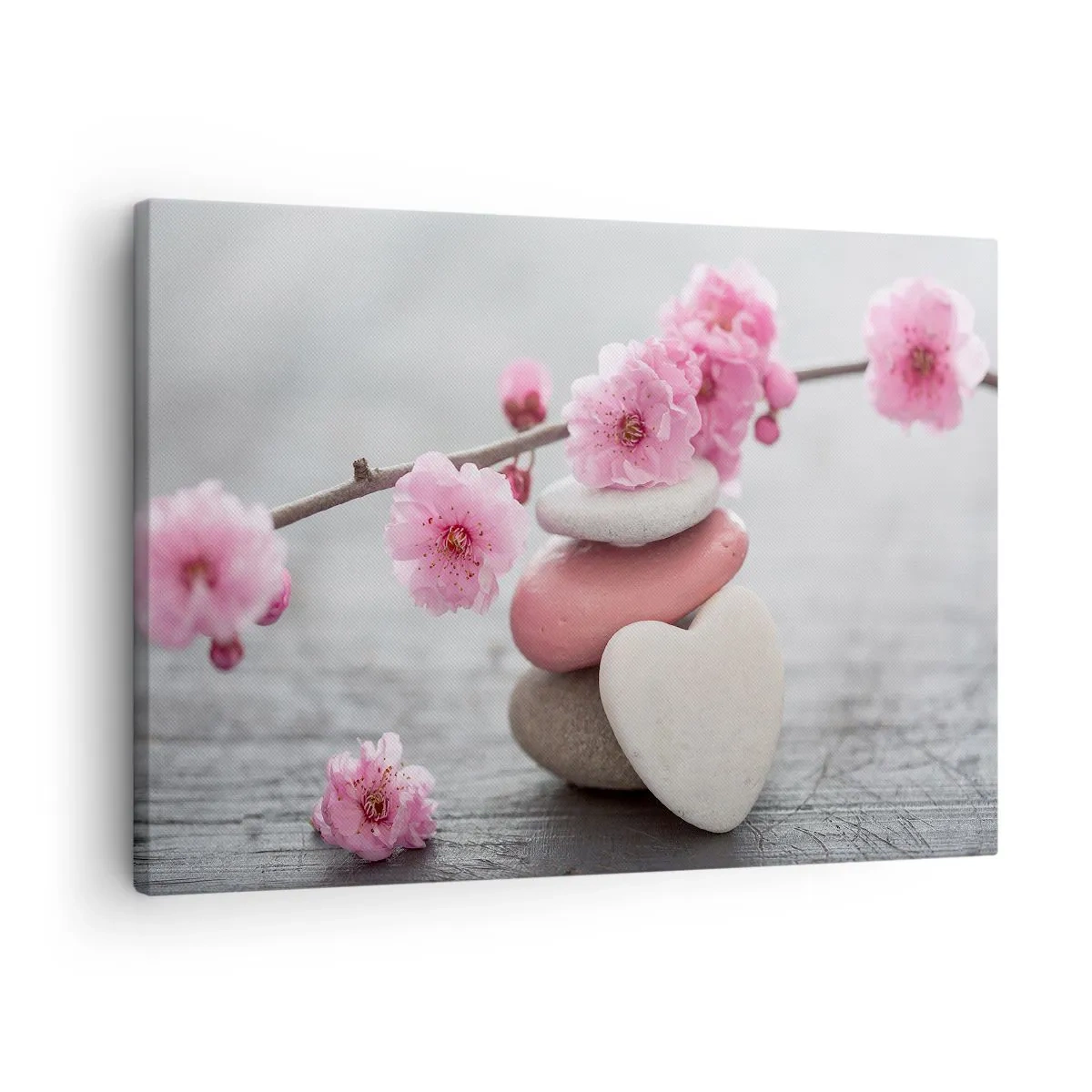 Impression sur toile - Image sur toile - Fleurs de cerisier délicates avec des pierres en forme de cœur - 70x50cm - Le bonheur avec une fleur de cerisier - Décoration murale moderne pour le salon et la chambre ARTTOR