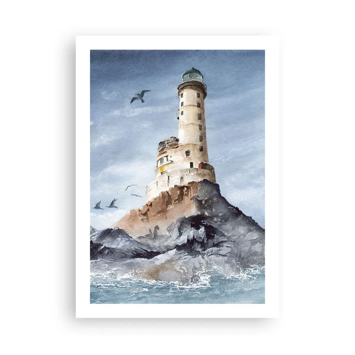 Affiche - Poster - Une aquarelle représentant un phare sur une côte rocheuse - 50x70cm - Invincible - Décoration murale moderne pour le salon et la chambre ARTTOR