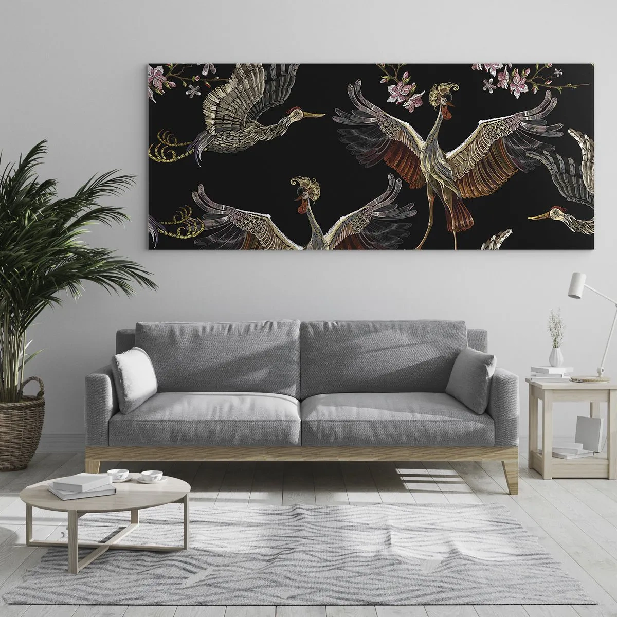 Impression sur verre - Image sur verre - Grues et fleurs élégantes sur fond noir - 120x50cm - Un oiseau de conte de fées - Décoration murale moderne pour le salon et la chambre ARTTOR