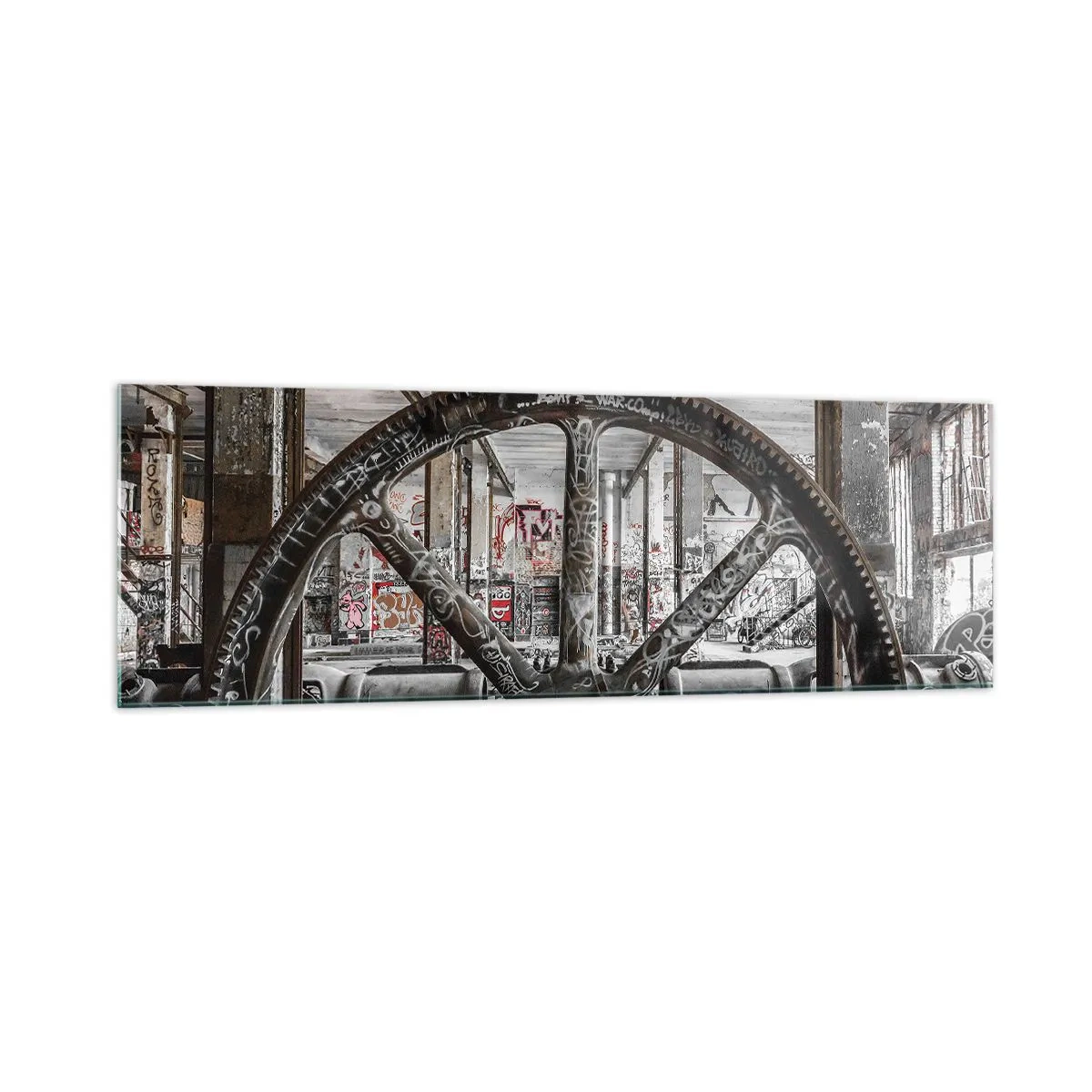Impression sur verre - Image sur verre - Un vieux mécanisme dans un intérieur industriel abandonné - 160x50cm - Vie secrète d'une usine - Décoration murale moderne pour le salon et la chambre ARTTOR