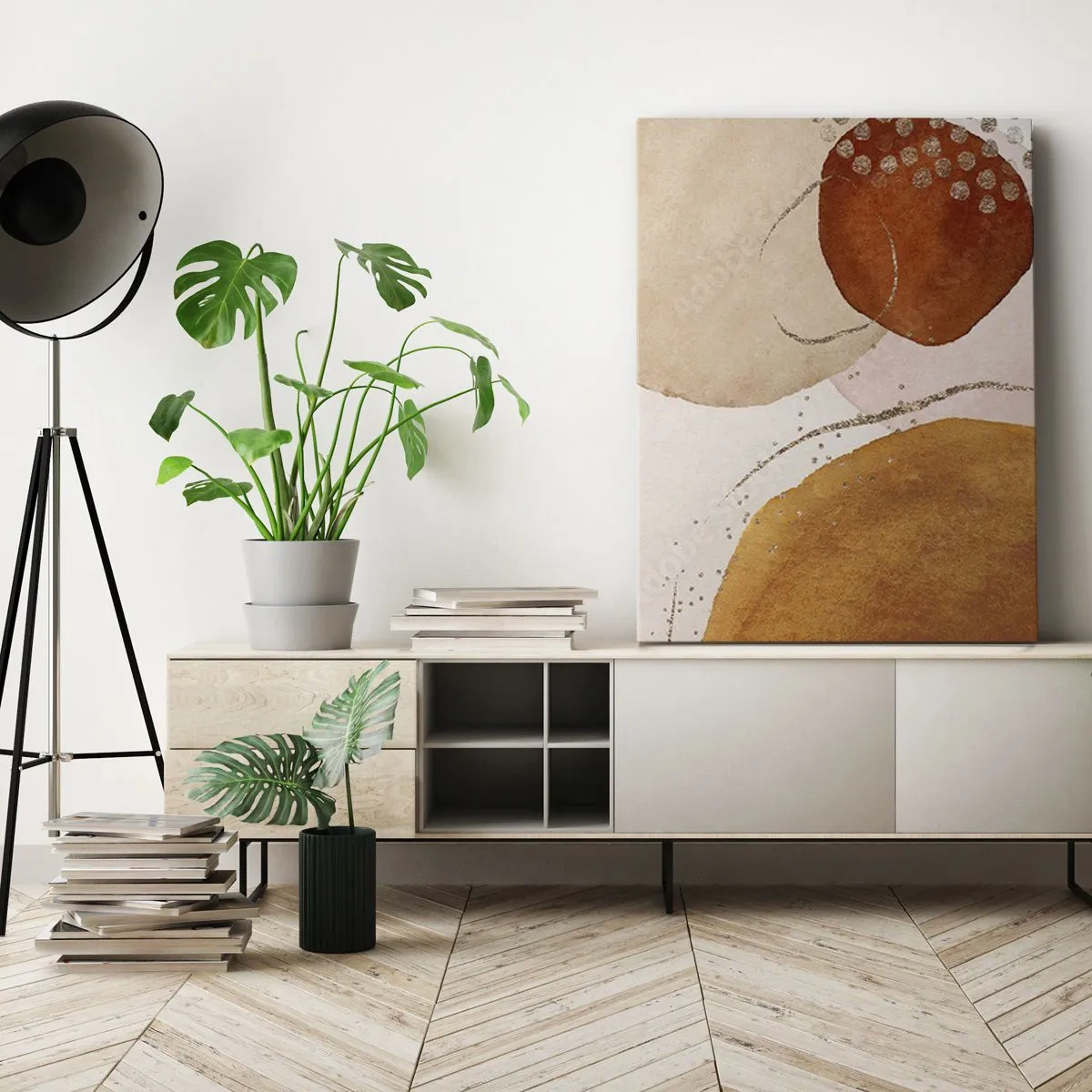 Impression sur toile - Image sur toile - Formes abstraites dans des tons chauds de marron et d'or - 50x70cm - Rondeur et mouvement - Décoration murale moderne pour le salon et la chambre ARTTOR